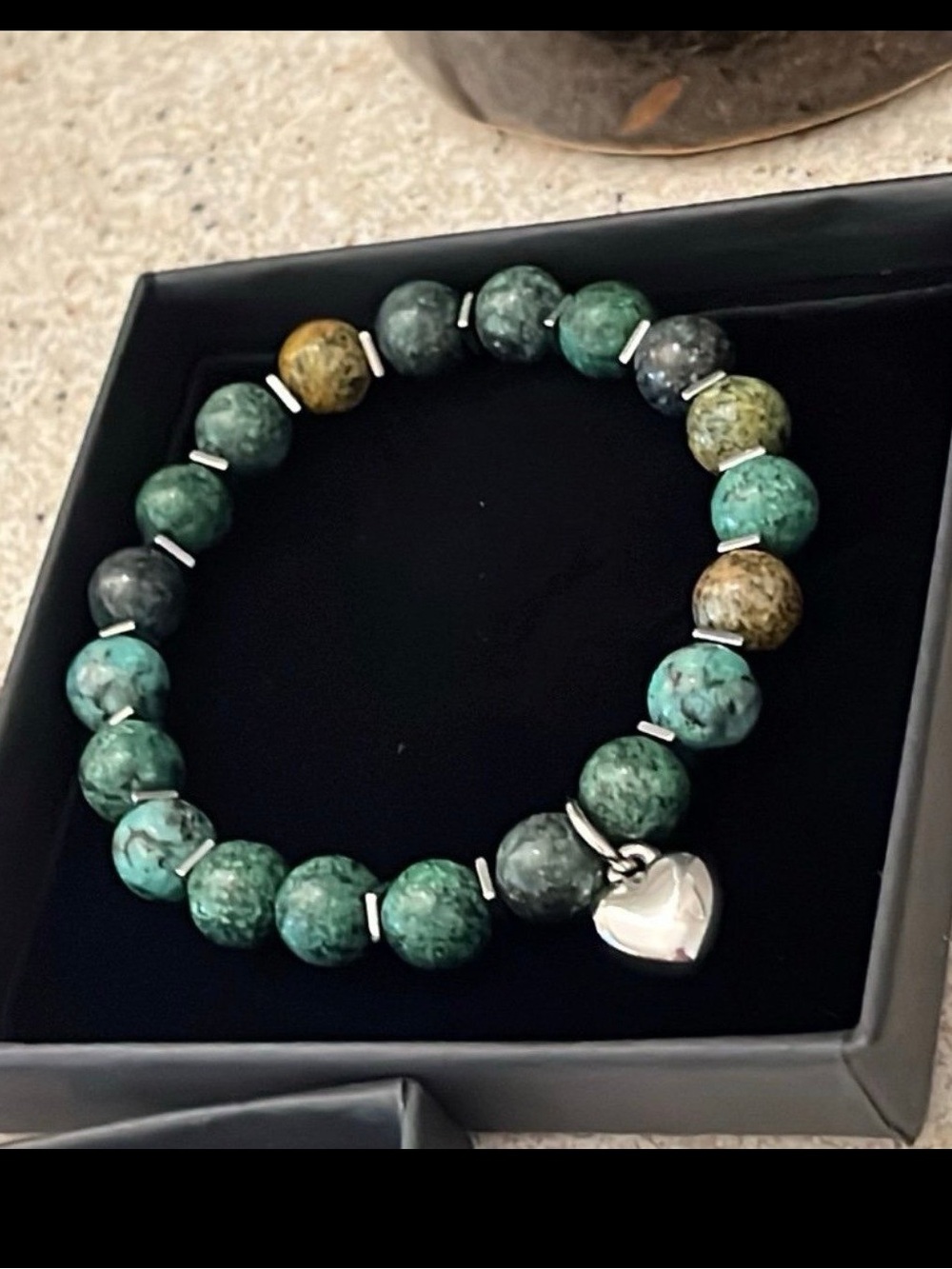 Elegant Natural Stone African Pine Green  Bracelet with Heart Charm ~NEW~